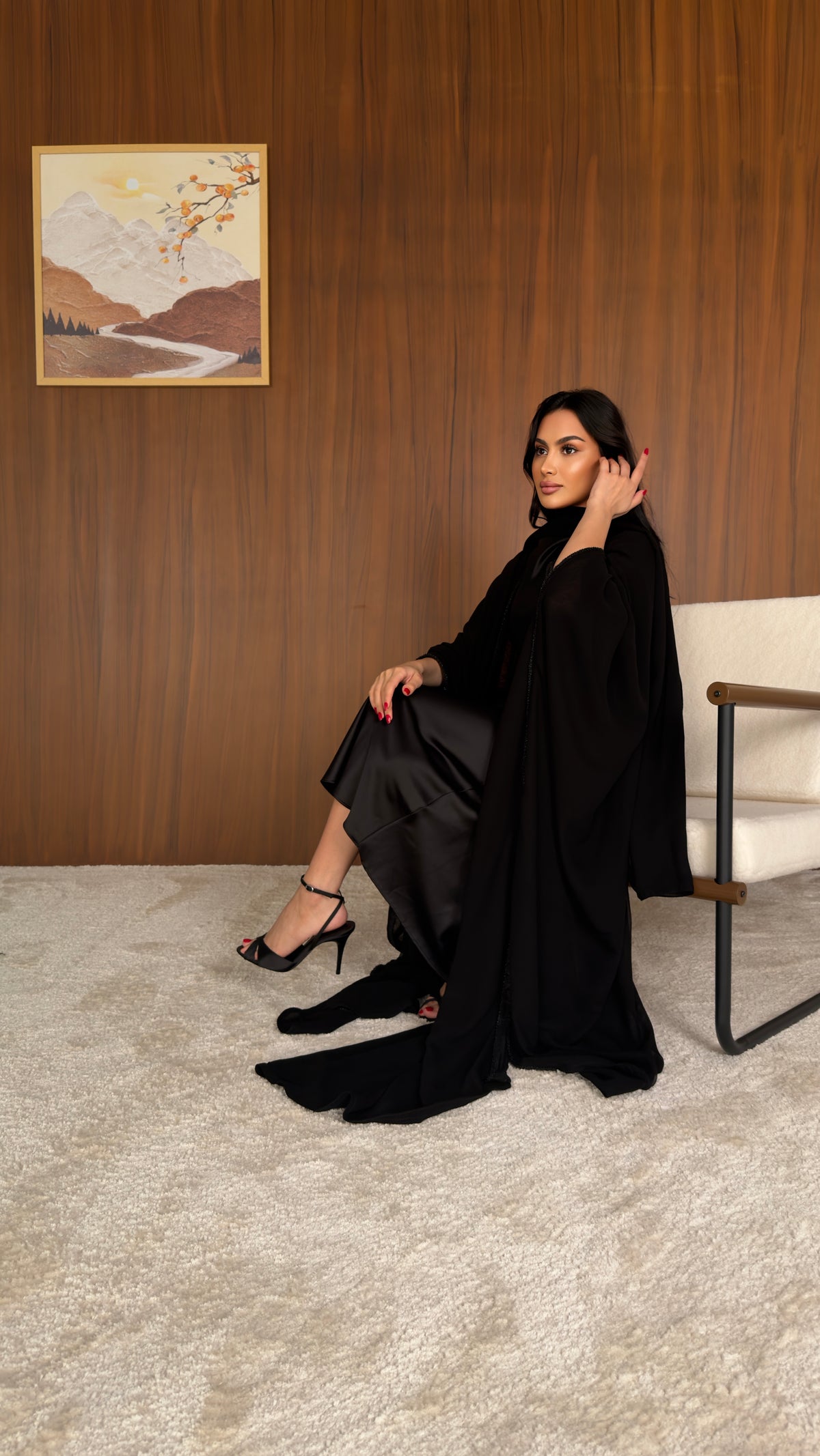 عباية مناسبات بشت كامل شيفون كوري مفتوحة الجوانب بشك يدوي أسود – موديل SH24 – صورة 9