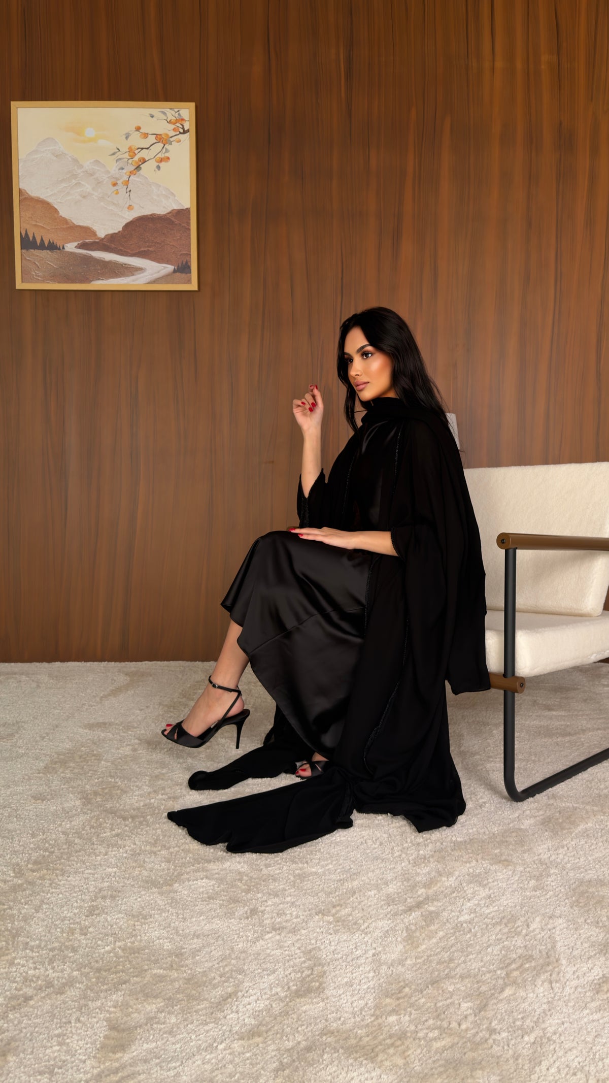عباية مناسبات بشت كامل شيفون كوري مفتوحة الجوانب بشك يدوي أسود – موديل SH24 – صورة 10